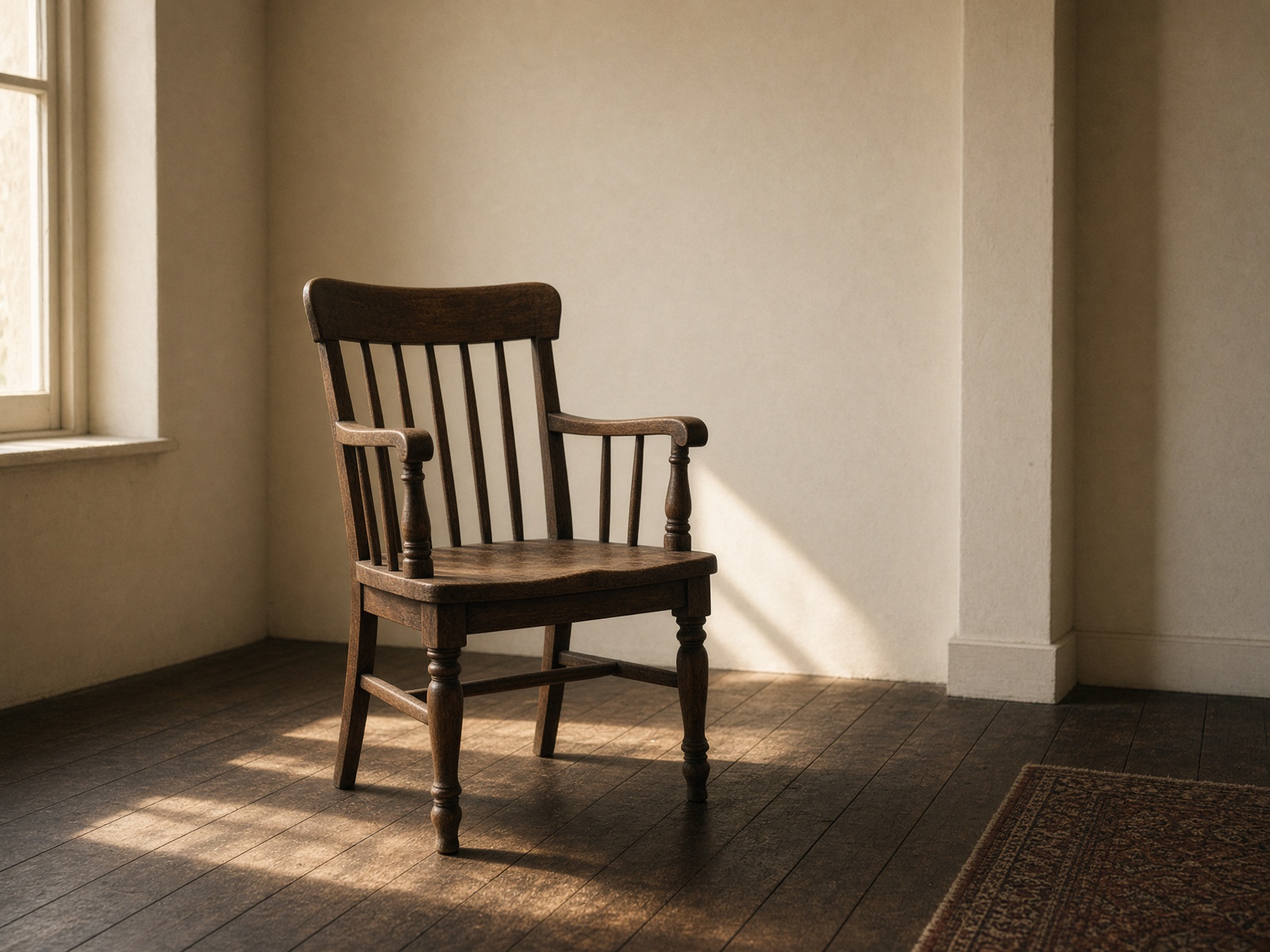 An empty wooden chair in a sunlit room