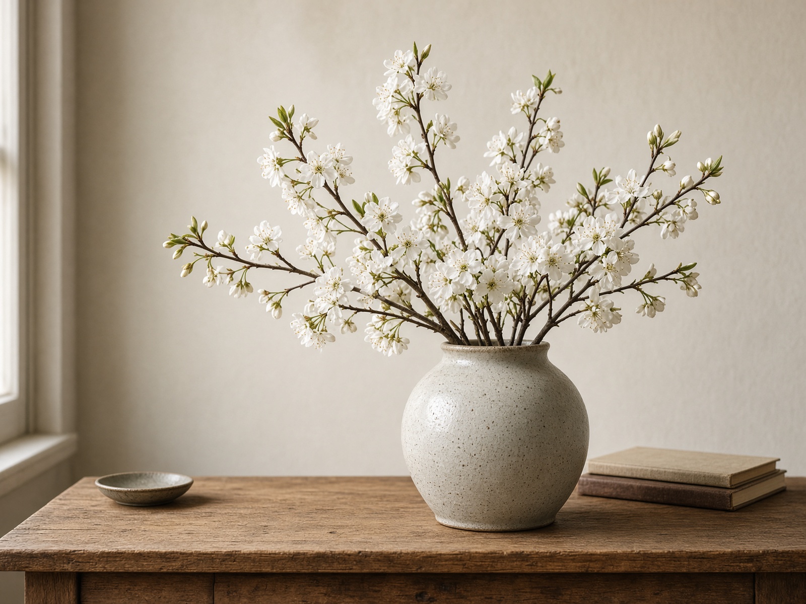 White flowering branches in a ceramic vase