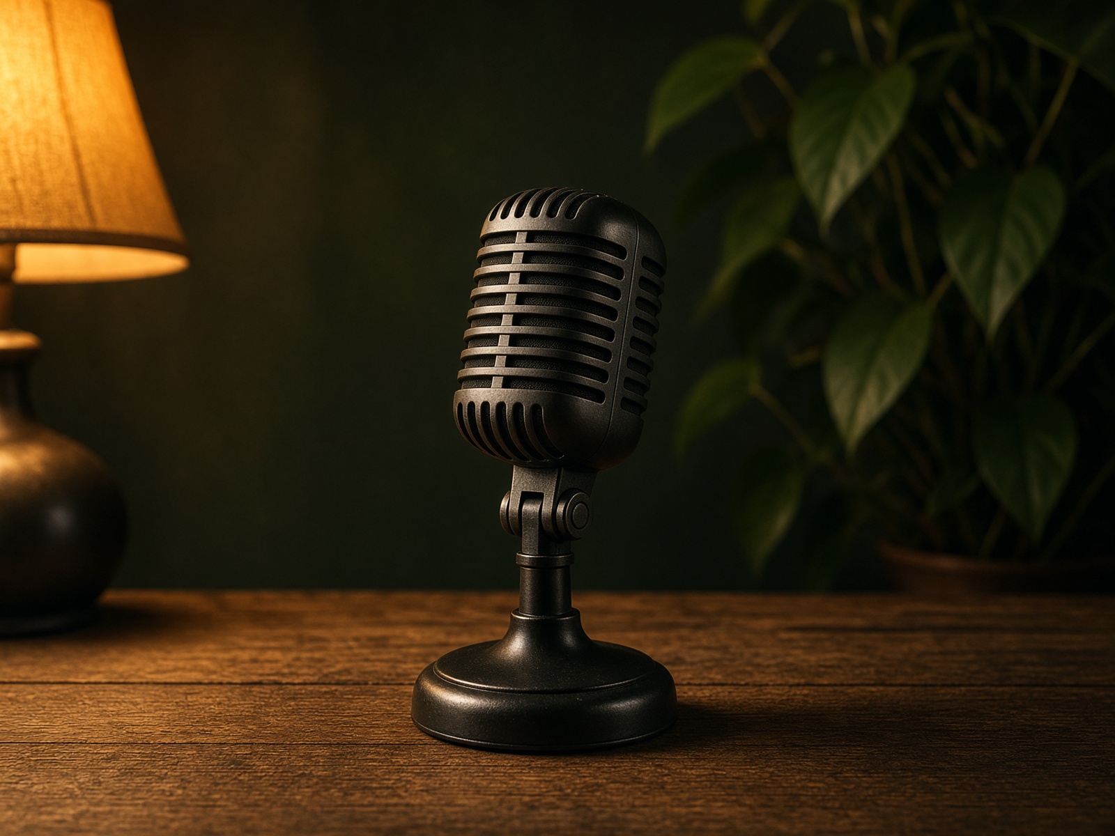A microphone on a wooden table, ready for a conversation