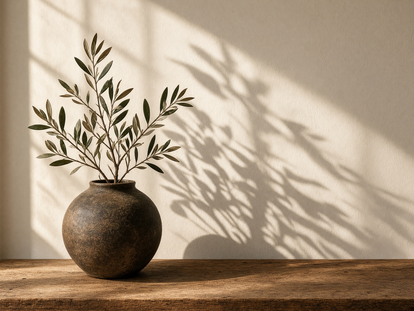 Olive branches in a ceramic vase, sunlight on a plaster wall
