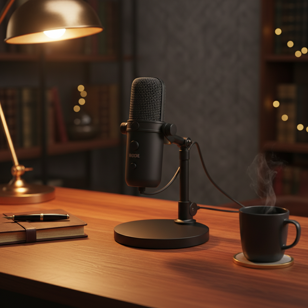 Studio microphone in a warm atmospheric speaking setting